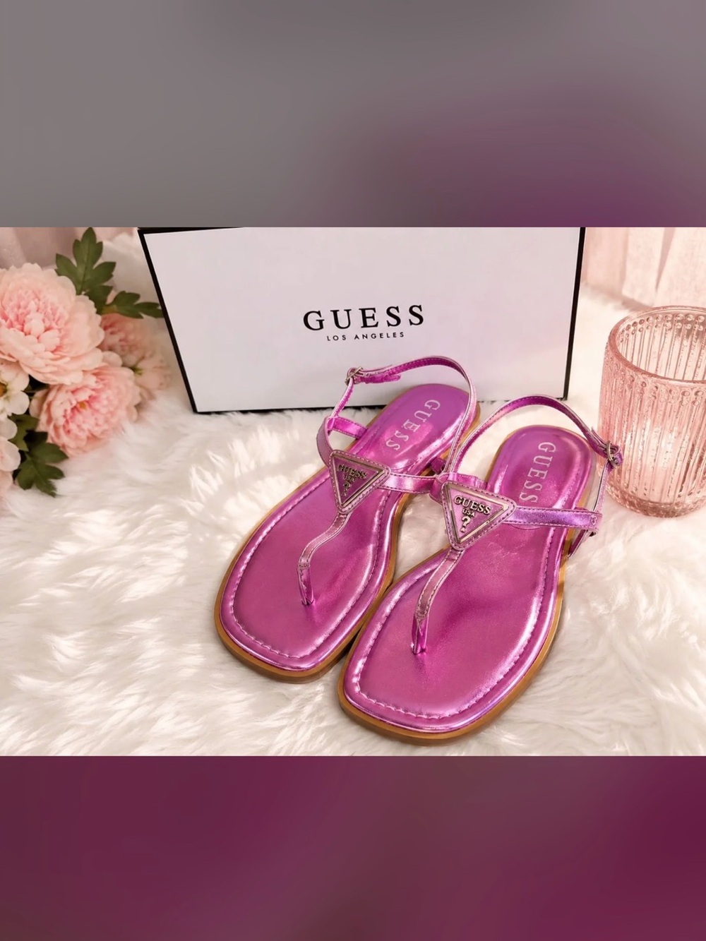 Guess Rainey Dark Pink Metallic Thong Sandals – Women’s Size 9M – New in Box